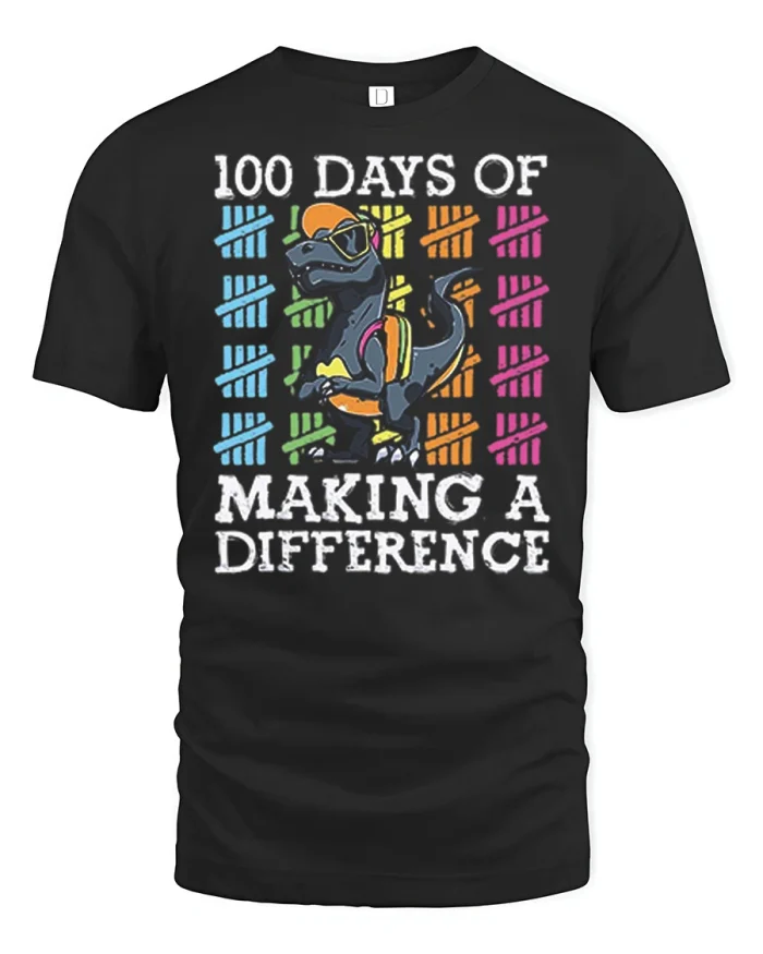 100 Days of Making a Difference Dinosaur Teacher Graphic Tee - black t-shirt on white background