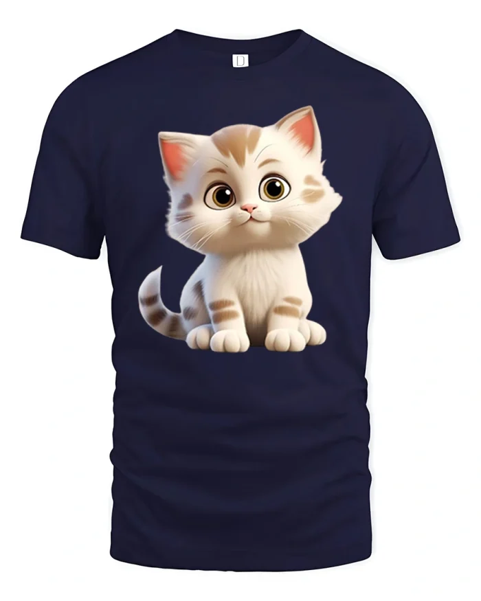 Cute Cartoon Kitten Graphic Tee Soft Cozy Cat Lover Gift Shirt - navy t-shirt on white background