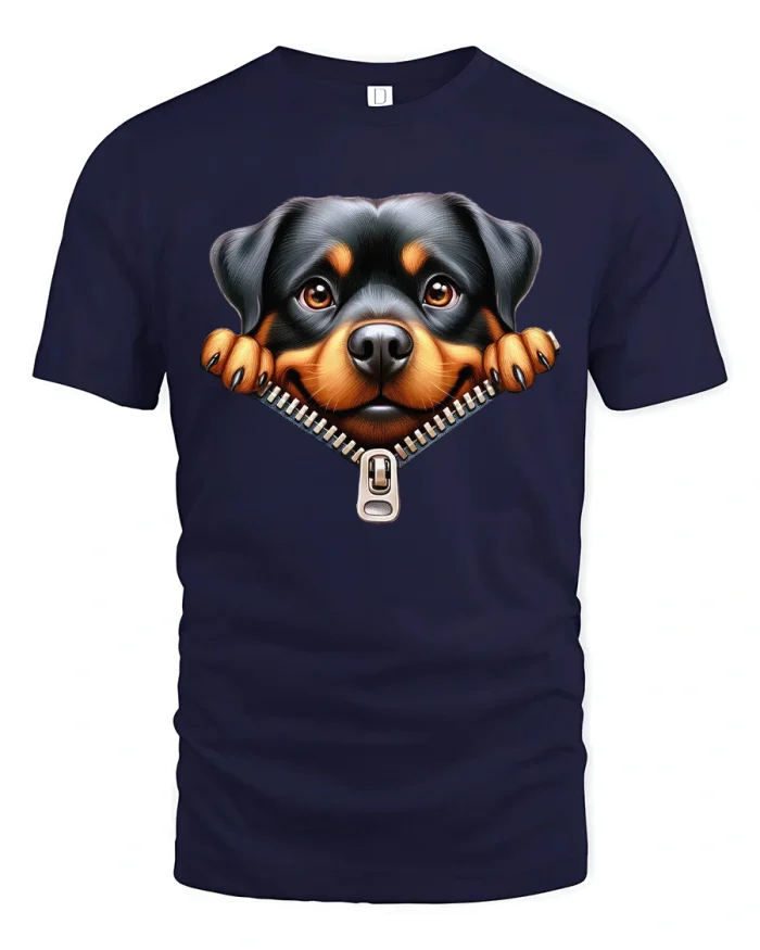 Cute Rottweiler Zipper Peek Graphic Tee Funny Dog Lover Shirt - navy t-shirt on white background