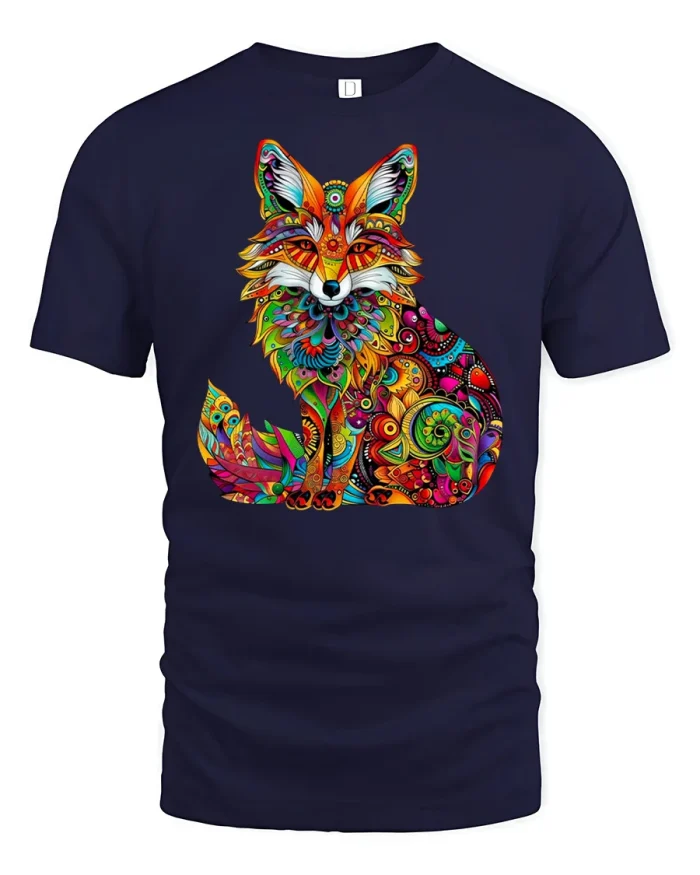 Colorful Psychedelic Fox Graphic Tee Vibrant Wildlife Art Shirt - navy t-shirt on white background
