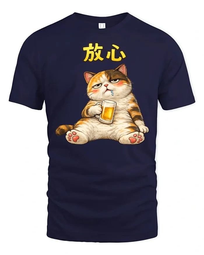 Funny Relaxed Beer Cat Graphic Tee Cute Lazy Kitty Cartoon Shirt - navy t-shirt on white background