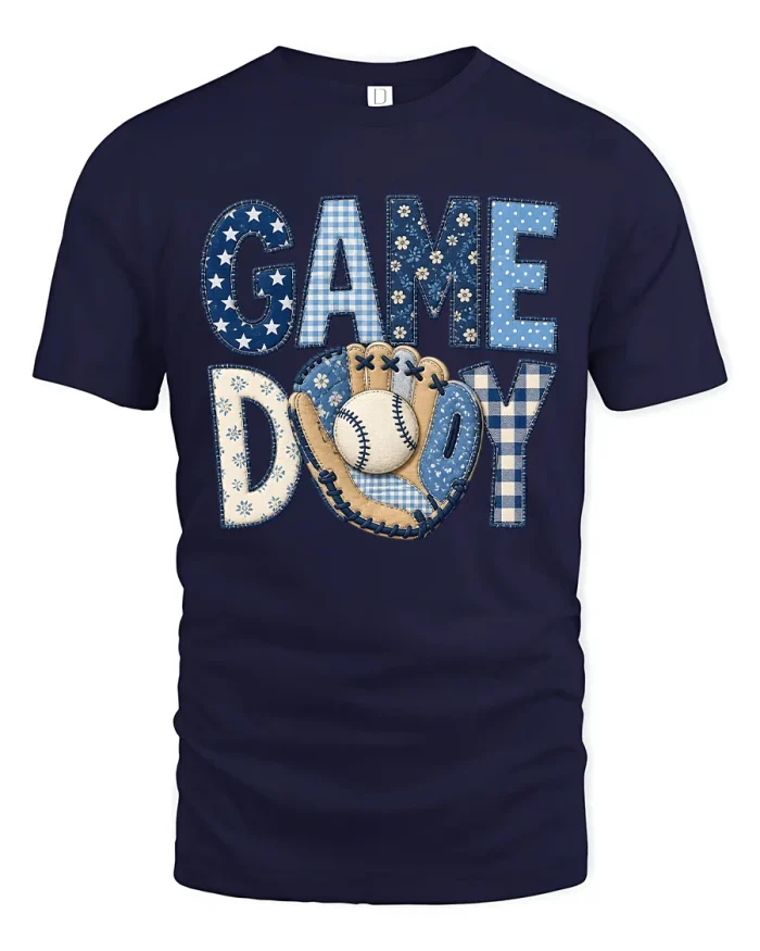 Game Day Baseball Glove Patchwork Graphic T Shirt Vintage Style - navy t-shirt on white background