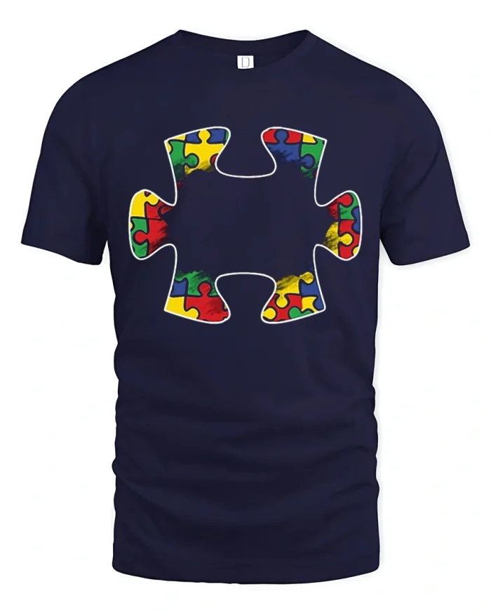 Autism Puzzle Piece Graphic T Shirt Colorful Awareness Support - navy t-shirt on white background