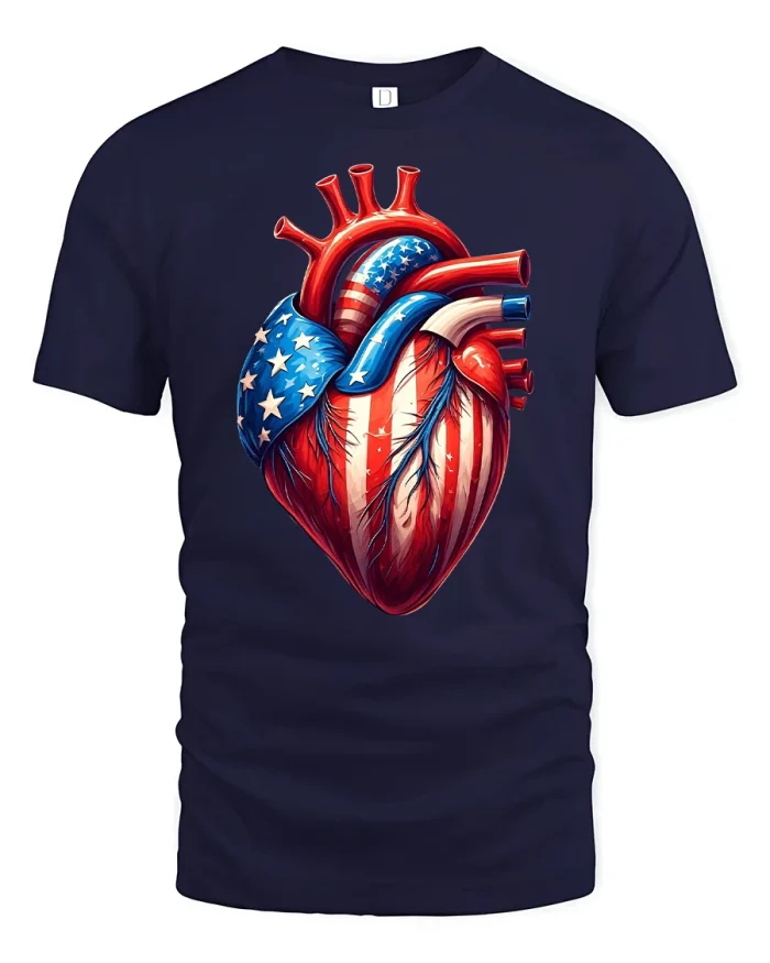 Patriotic American Heart Anatomy Graphic T Shirt Freedom Tee - navy t-shirt on white background