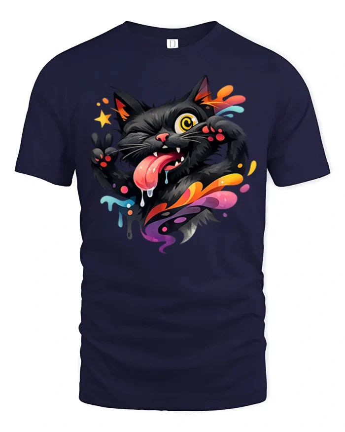 Funny Crazy Black Cat Graphic Tee Silly Goofy Kitty Tshirt - navy t-shirt on white background