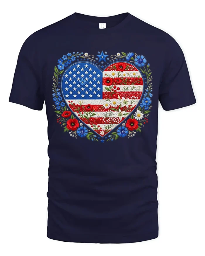 Patriotic Floral American Flag Heart Graphic Tee Freedom Tshirt - navy t-shirt on white background