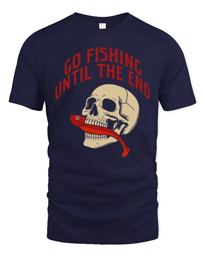 Go Fishing Until The End Funny Skull Graphic Fishing Tee - navy t-shirt on white background