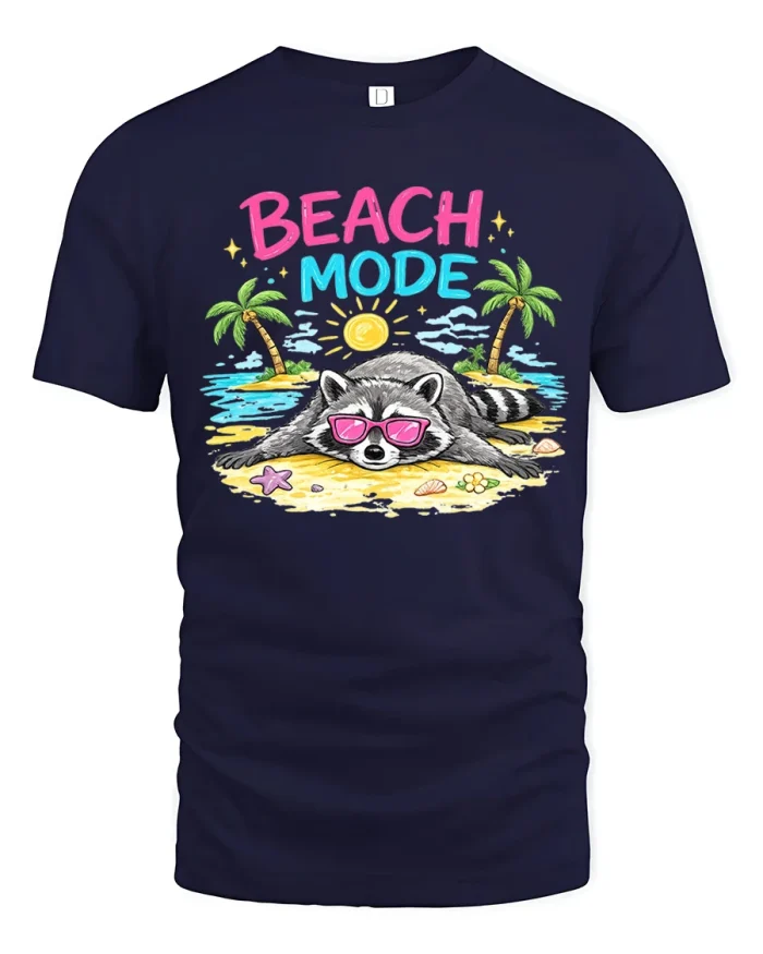 Beach Mode Funny Raccoon Graphic Tee Summer Vacation Tshirt - navy t-shirt on white background