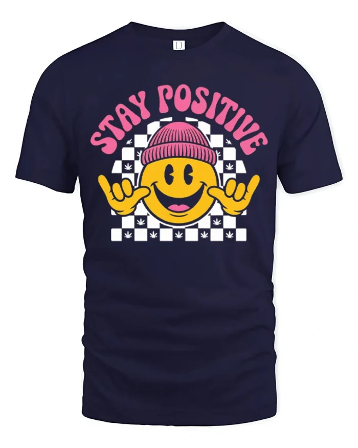 Stay Positive Smiley Face Graphic Tee Happy Vibes Retro Tshirt - navy t-shirt on white background