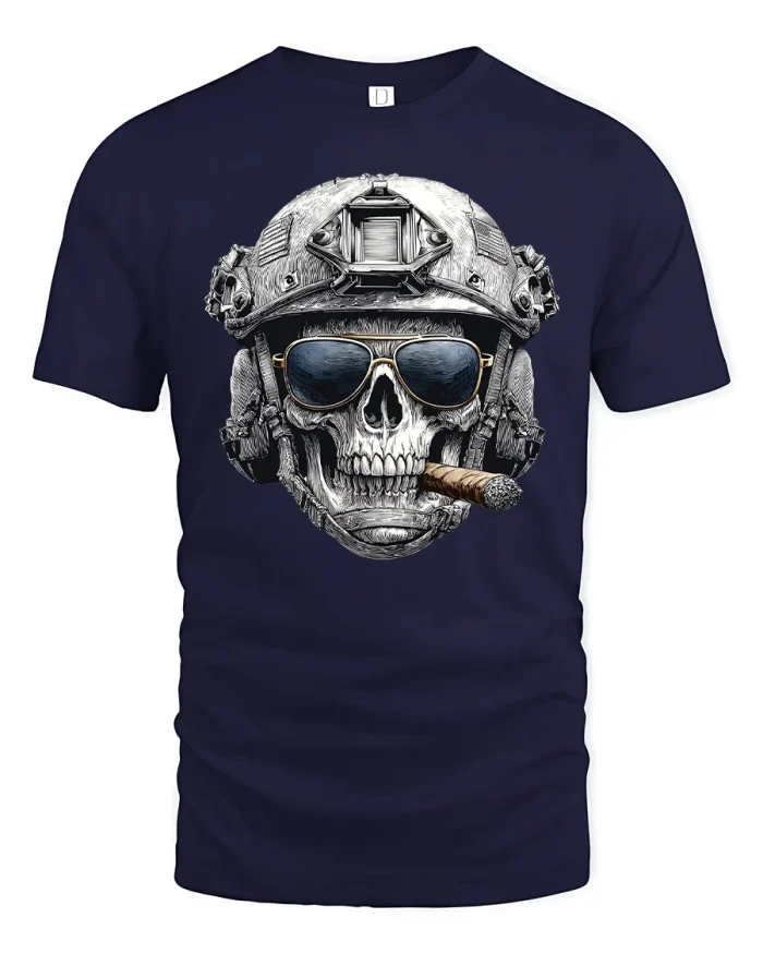 Tactical Skull Soldier Graphic Tee Military Style Warrior Tshirt - navy t-shirt on white background