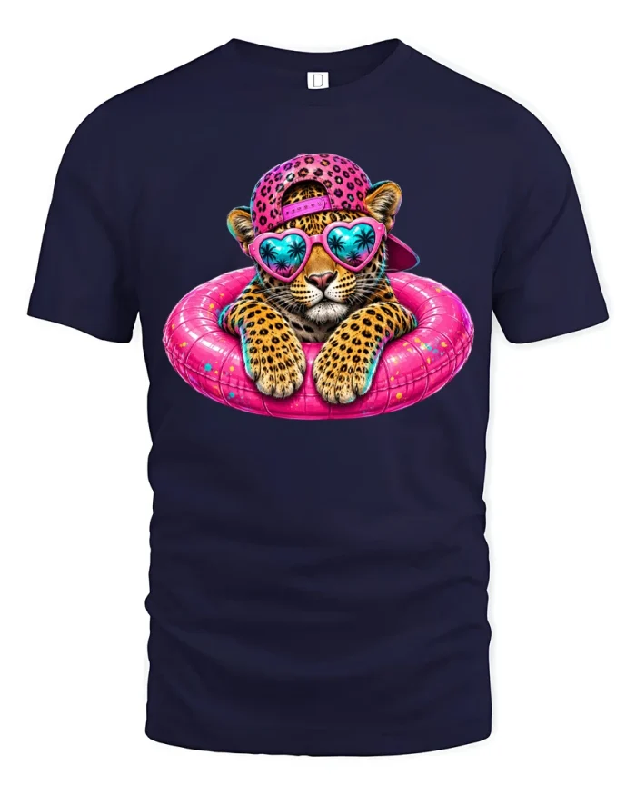 Summer Leopard Pool Float Graphic Tee Cute Vacation Tshirt - navy t-shirt on white background