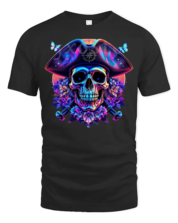 Neon Pirate Skull Graphic Tee Colorful Gothic Adventure Tshirt - black t-shirt on white background
