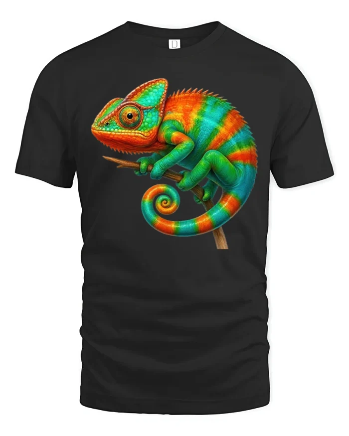 Colorful Chameleon Graphic Tee Vibrant Reptile Lover Art Shirt - black t-shirt on white background