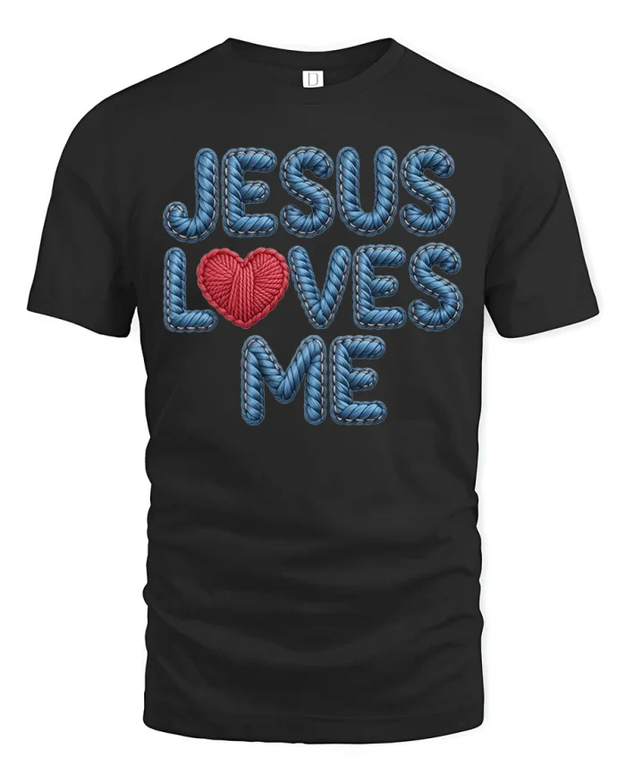 Jesus Loves Me Christian Faith Rope Letter Graphic T Shirt - black t-shirt on white background