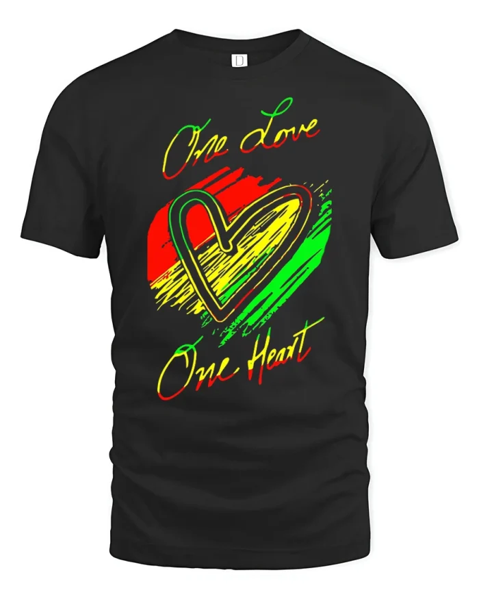 One Love One Heart Retro Heart Graphic Inspirational T Shirt - black t-shirt on white background