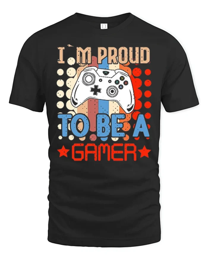 I Am Proud To Be A Gamer Funny Retro Controller Graphic T Shirt - black t-shirt on white background