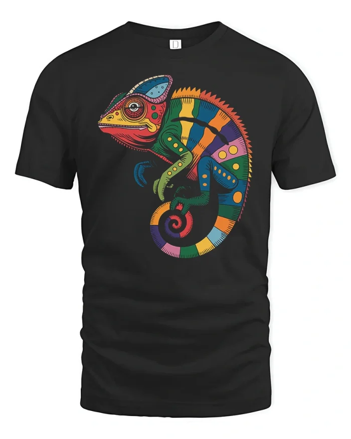 Colorful Chameleon Graphic T Shirt Vibrant Reptile Art Tee - black t-shirt on white background