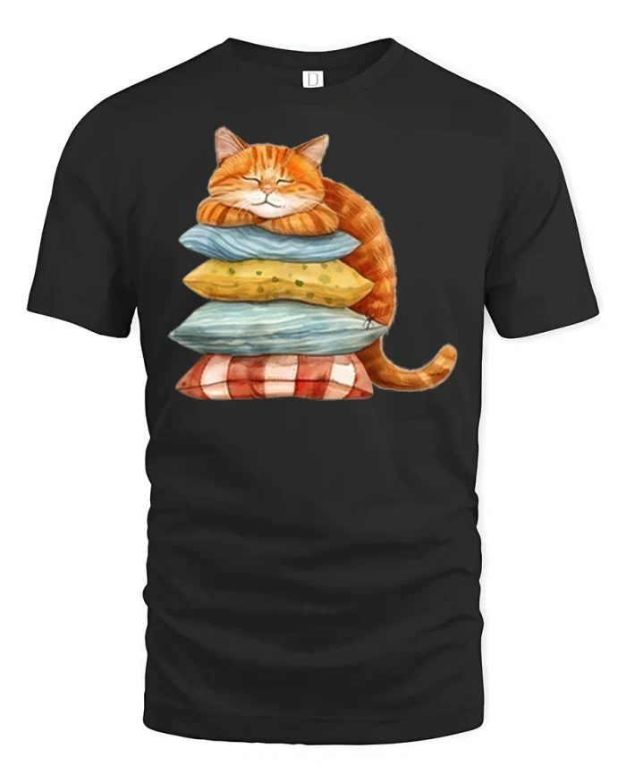 Cute Sleeping Orange Cat Pillow Stack Graphic Tee Cozy Tshirt - black t-shirt on white background