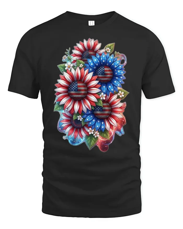 Patriotic Sunflower American Flag Graphic T Shirt Floral Freedom Tee - black t-shirt on white background