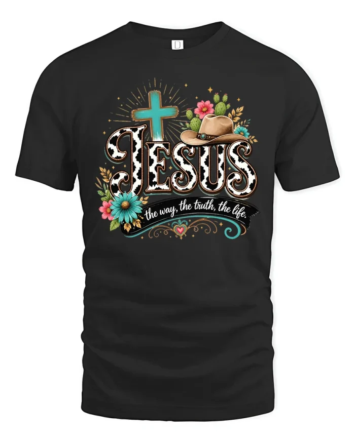Jesus The Way The Truth The Life Western Faith Graphic Tee - black t-shirt on white background