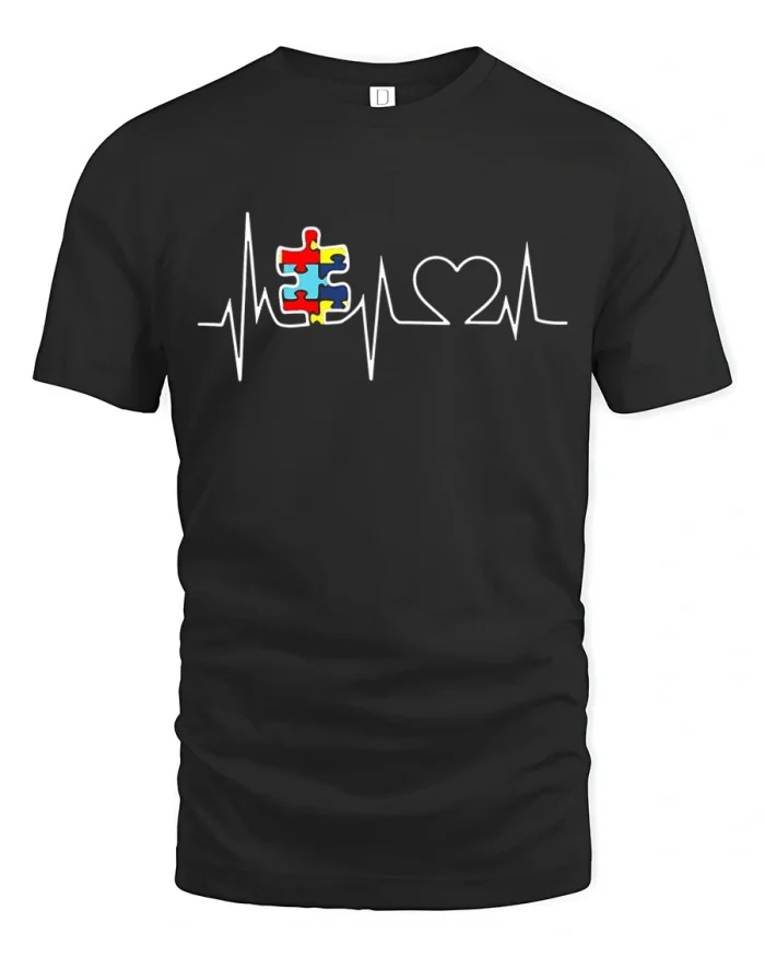 Autism Heartbeat Puzzle Love Awareness Graphic T Shirt Tee - black t-shirt on white background