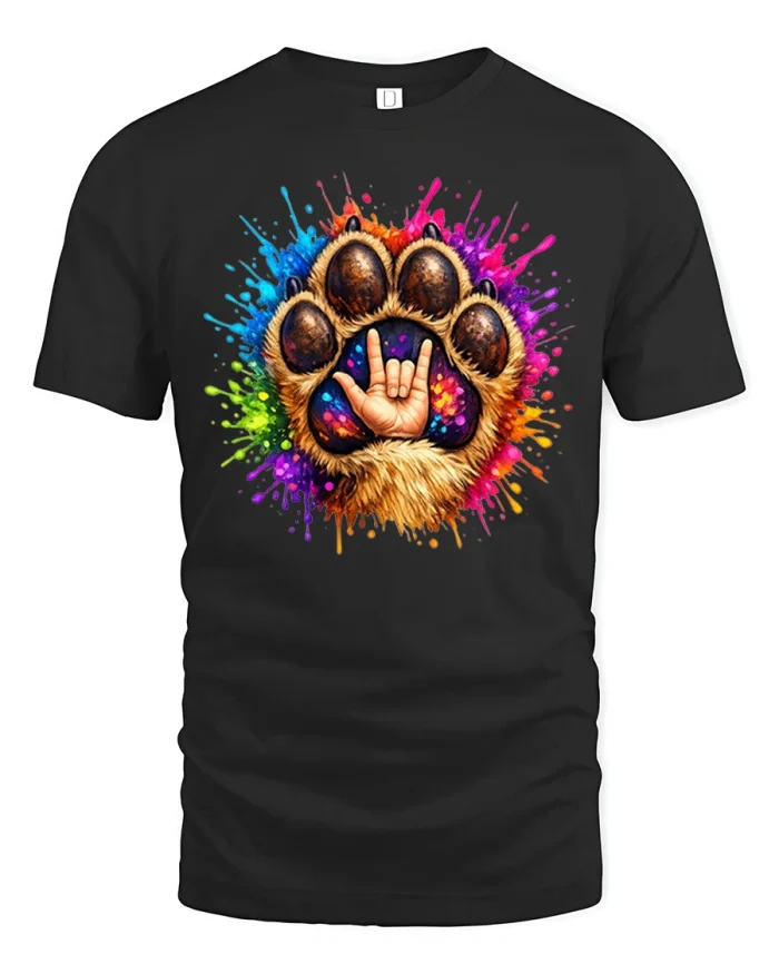 Colorful Dog Paw ASL I Love You Graphic Animal Lover T Shirt - black t-shirt on white background