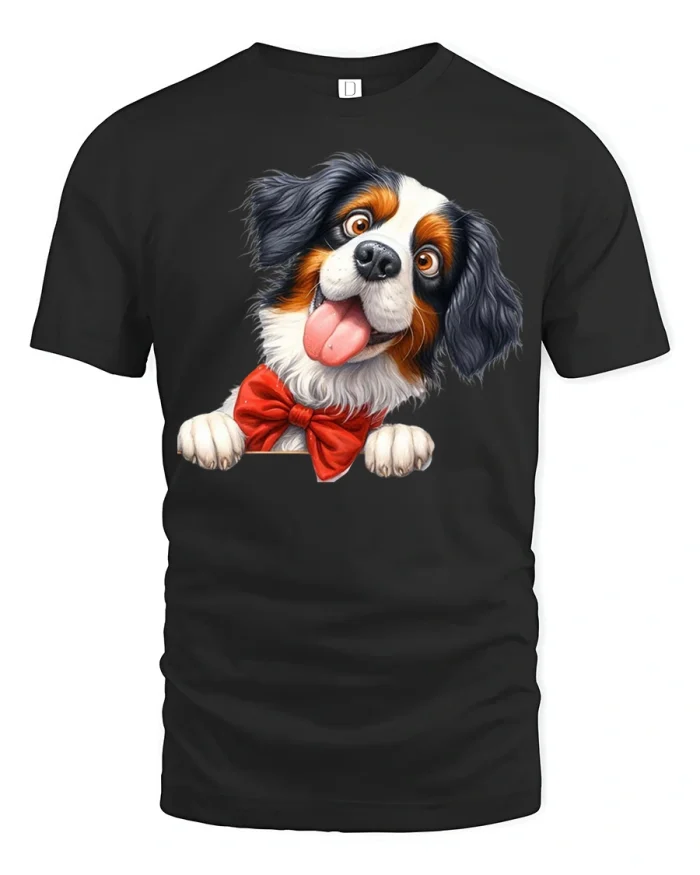 Funny Cavalier King Charles Spaniel Peekaboo Bow Tie Tee - black t-shirt on white background