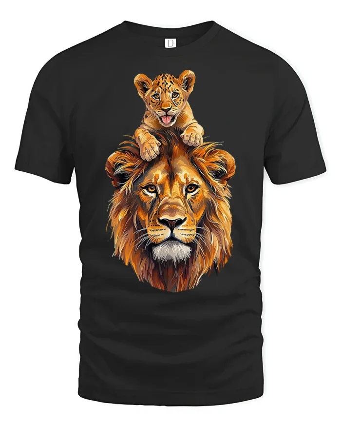 Majestic Lion And Cub Wildlife Family Graphic Tee For Animal Lovers - black t-shirt on white background
