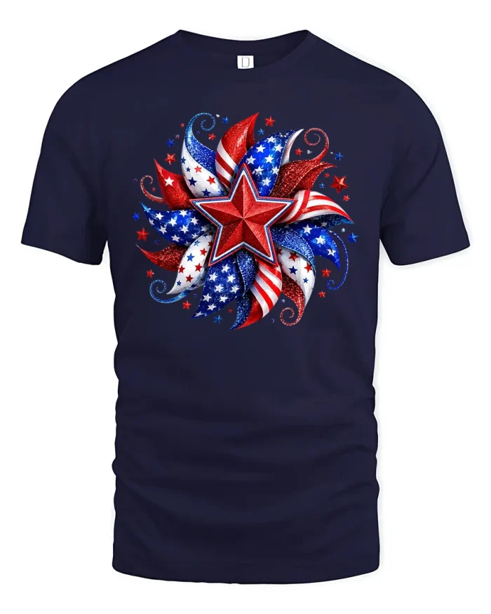 Patriotic American Flag Star Firework Graphic Independence Day T Shirt - navy t-shirt on white background