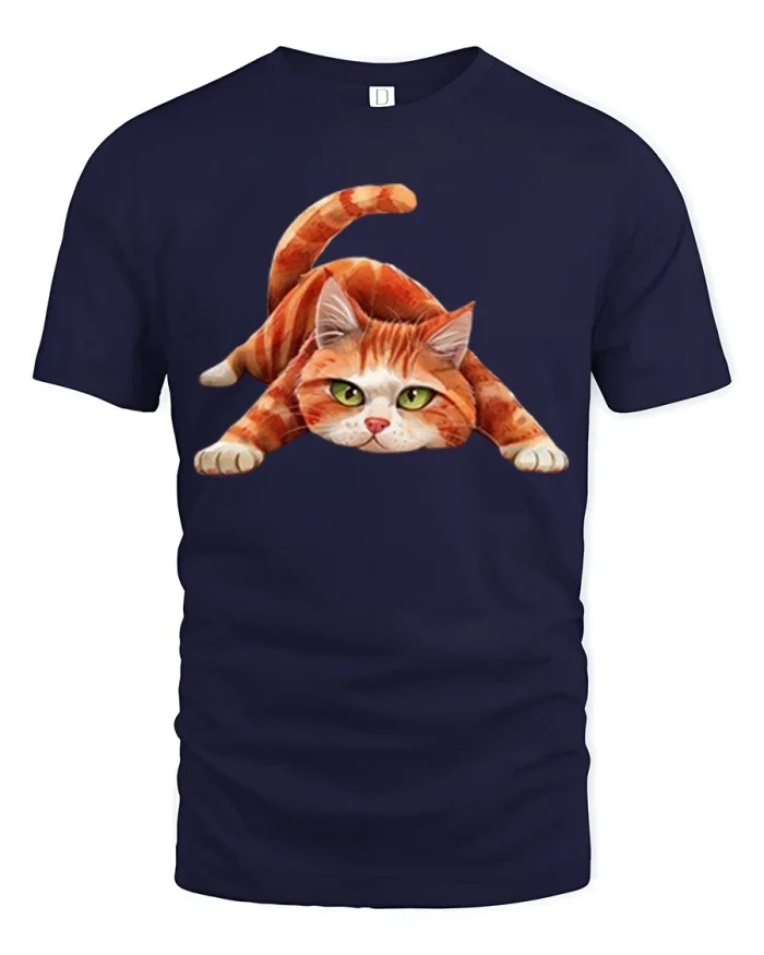 Funny Playful Orange Cat Pounce Graphic T Shirt Cute Kitty Tee - navy t-shirt on white background