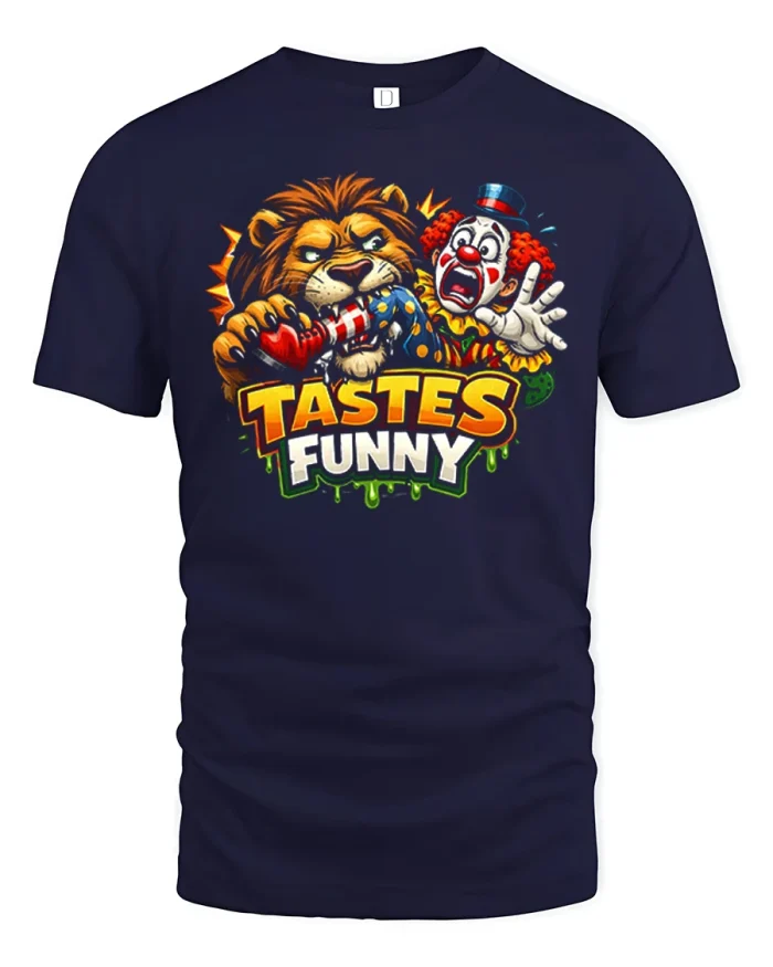 Funny Lion Loves Clown Graphic T Shirt Wild Humor Novelty Tee - navy t-shirt on white background