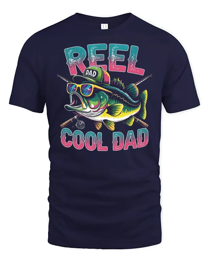 Reel Cool Dad Fishing Graphic T Shirt Funny Fisherman Tee - navy t-shirt on white background
