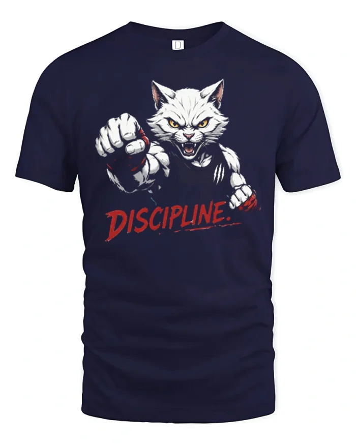 Discipline Fighting Cat Graphic T Shirt Motivational Warrior Tee - navy t-shirt on white background
