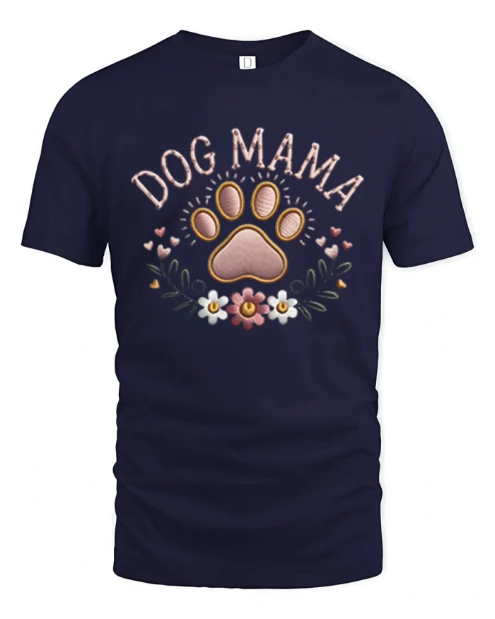 Dog Mama Floral Paw Print Graphic T Shirt Cute Pet Lover Tee - navy t-shirt on white background