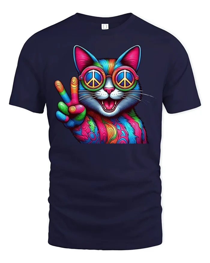 Colorful Peace Sign Cat Graphic T Shirt Funny Hippie Cat Tee - navy t-shirt on white background