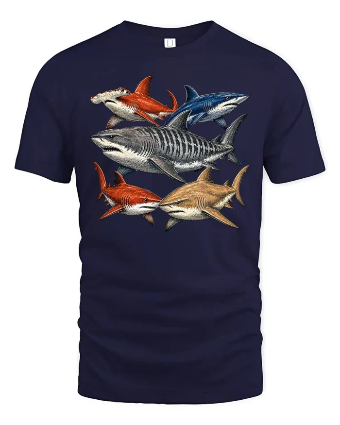 Vintage Shark Species Graphic T Shirt Ocean Predator Wildlife Tee - navy t-shirt on white background