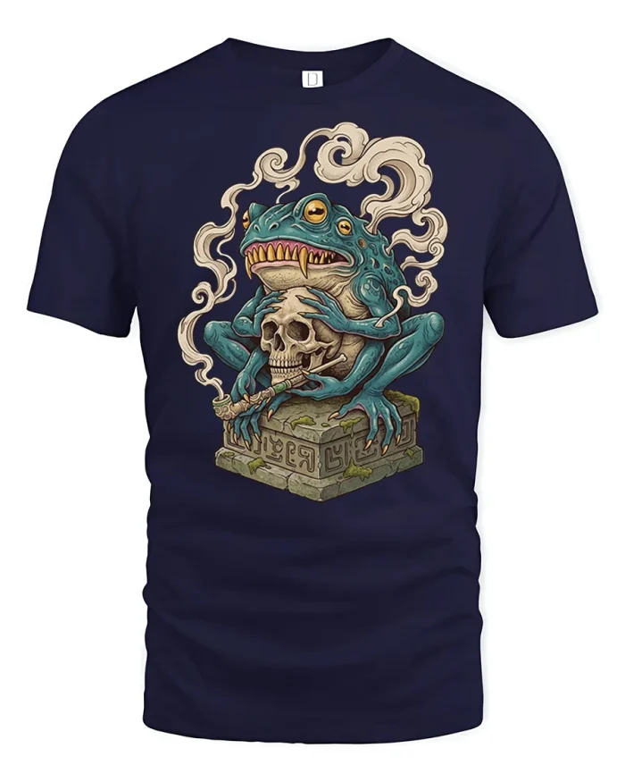Gothic Frog Skull Graphic T Shirt Dark Fantasy Monster Art Tee - navy t-shirt on white background