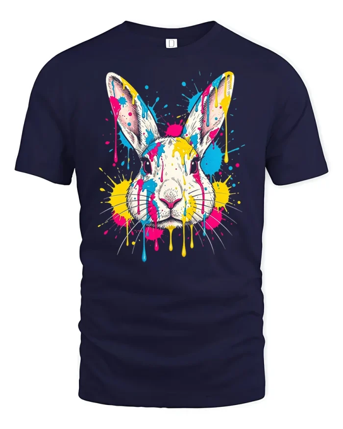 Colorful Paint Splash Bunny Graphic Tee Cute Artistic Rabbit - navy t-shirt on white background
