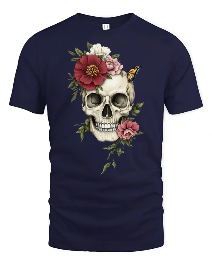 Floral Skull Butterfly Graphic Tee Gothic Botanical Art Shirt - navy t-shirt on white background