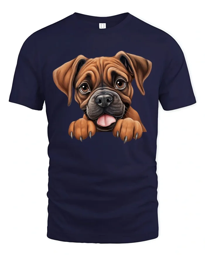 Cute Boxer Puppy Peekaboo Graphic Tee Funny Dog Lover T Shirt - navy t-shirt on white background