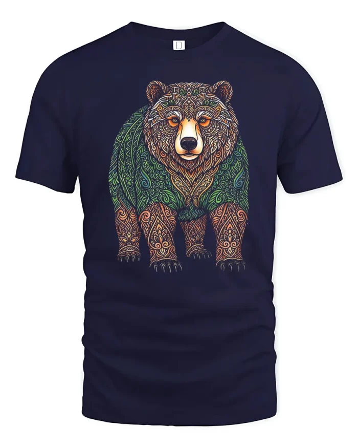Majestic Mandala Bear Graphic Tee Colorful Wildlife Art Tshirt - navy t-shirt on white background