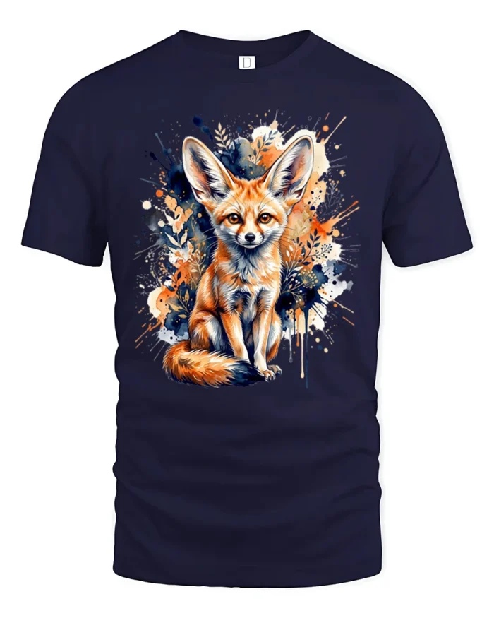 Colorful Watercolor Fennec Fox Graphic Tee Wildlife Art Tshirt - navy t-shirt on white background