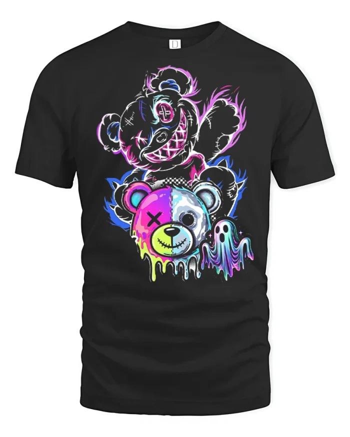 Creepy Teddy Bear Neon Ghost Graphic Tshirt Comfy Tee - black t-shirt on white background