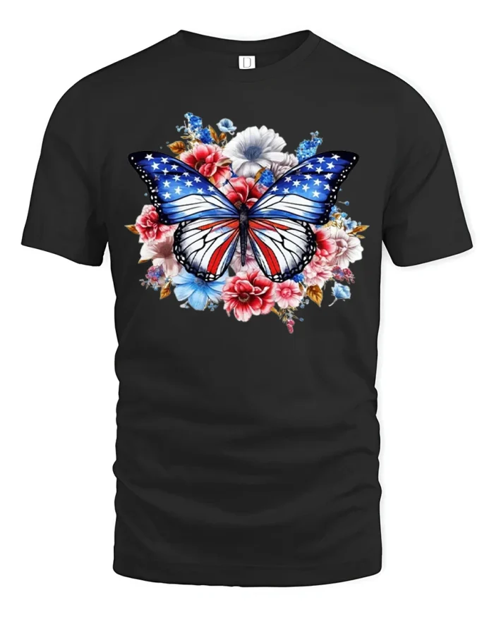 Patriotic Butterfly Floral Graphic T Shirt American Freedom Tee - black t-shirt on white background