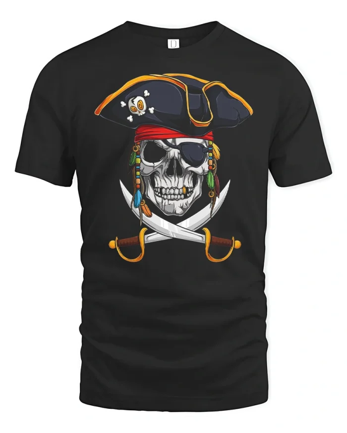 Vintage Pirate Skull Graphic Tee with Crossed Swords Adventure Style - black t-shirt on white background