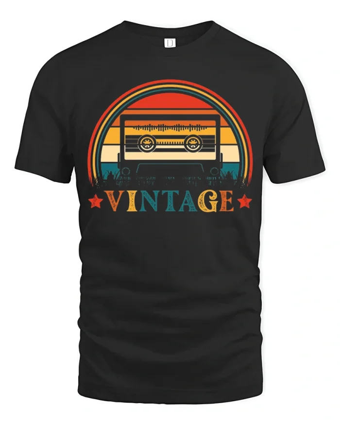 Vintage Retro Cassette Tape Graphic Tee Shirt Classic Music Style - black t-shirt on white background