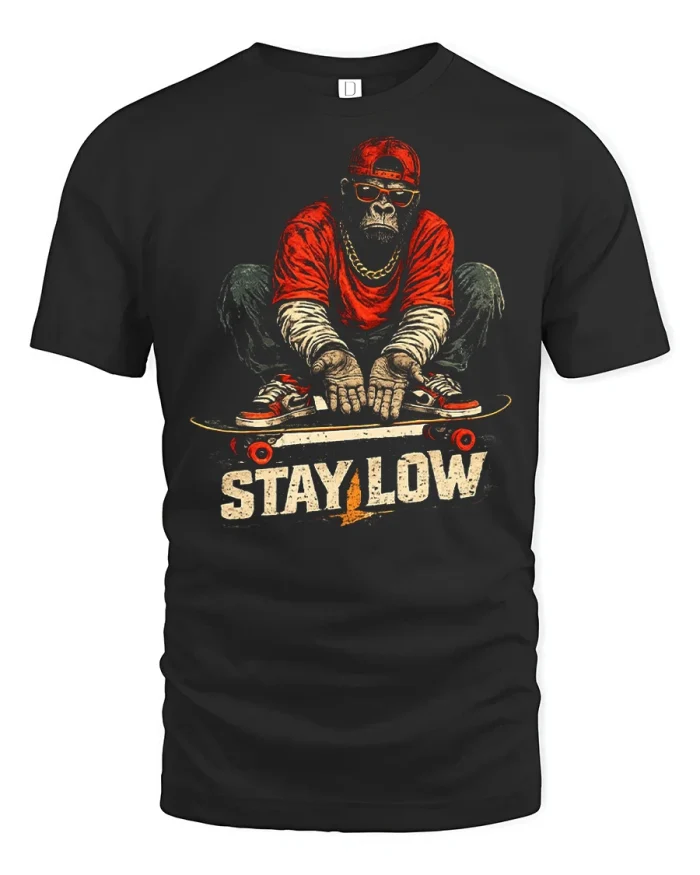 Stay Low Gorilla Skateboard Graphic Tee Streetwear Vintage Style - black t-shirt on white background