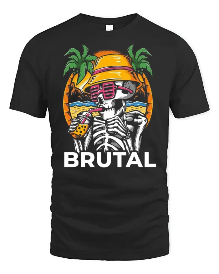 Brutal Funny Skeleton Beach Vacation Graphic Tee Summer Style - black t-shirt on white background
