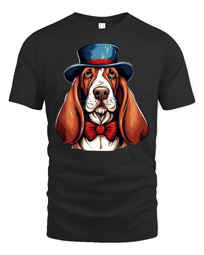 Gentleman Basset Hound Dog Graphic Tee Cute Vintage Pet Style - black t-shirt on white background