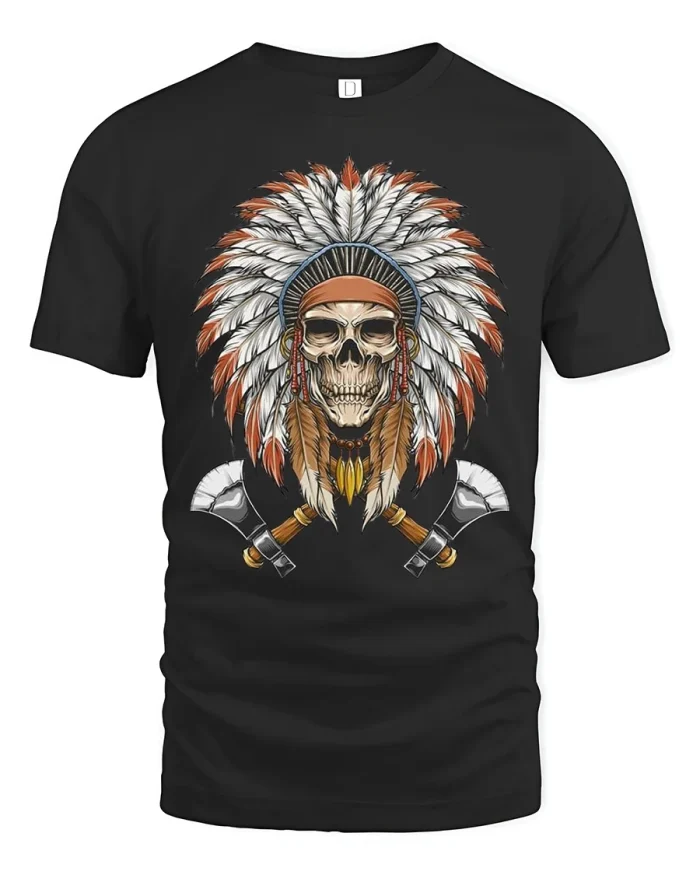 Tribal Skull Chief Feather Headdress Graphic Tee Vintage Style - black t-shirt on white background
